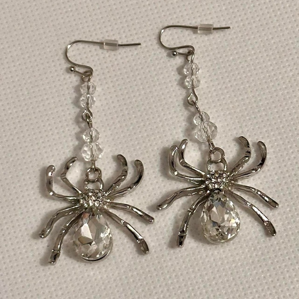 Spider Earrings Clear Silver Halloween Fall Costume Accessories Spooky